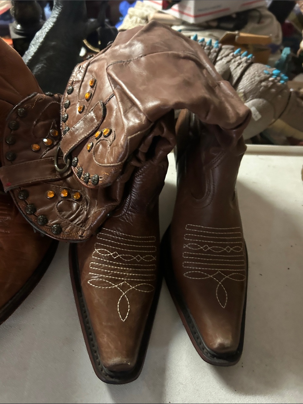 Shyanne Brown Leather Western Ankle Boots with Embroidered Toe